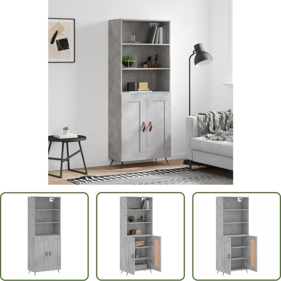 The Living Store Hoge kast Betongrijs 69.5 x 34 x 180 cm Duurzaam hout Voldoende opbergruimte Praktische deuren Metalen voeten Montage vereist - Foto 2