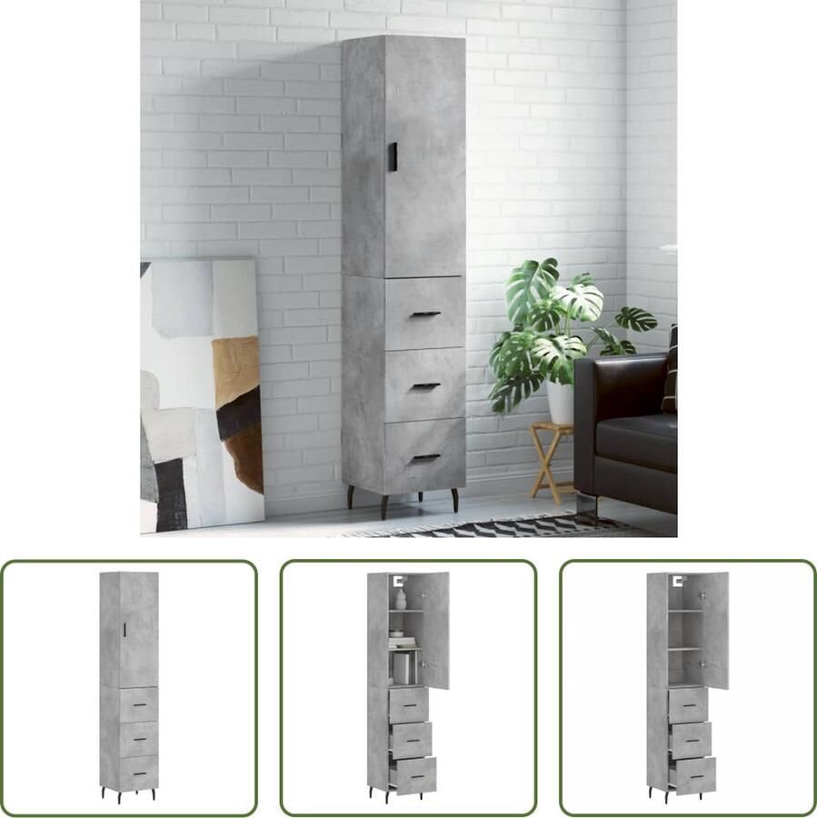 The Living Store Hoge kast 34 5x34x180 cm bewerkt hout betongrijs Hoge Kast Betongrijs Kast Houten Kast Opslagoplossing Woonkamer Decoratie
