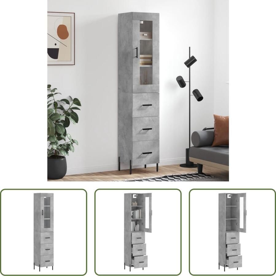 The Living Store Hoge kast 34 5x34x180 cm bewerkt hout betongrijs Hoge Kast Opbergkast Betonnen Kast Grijze Kast