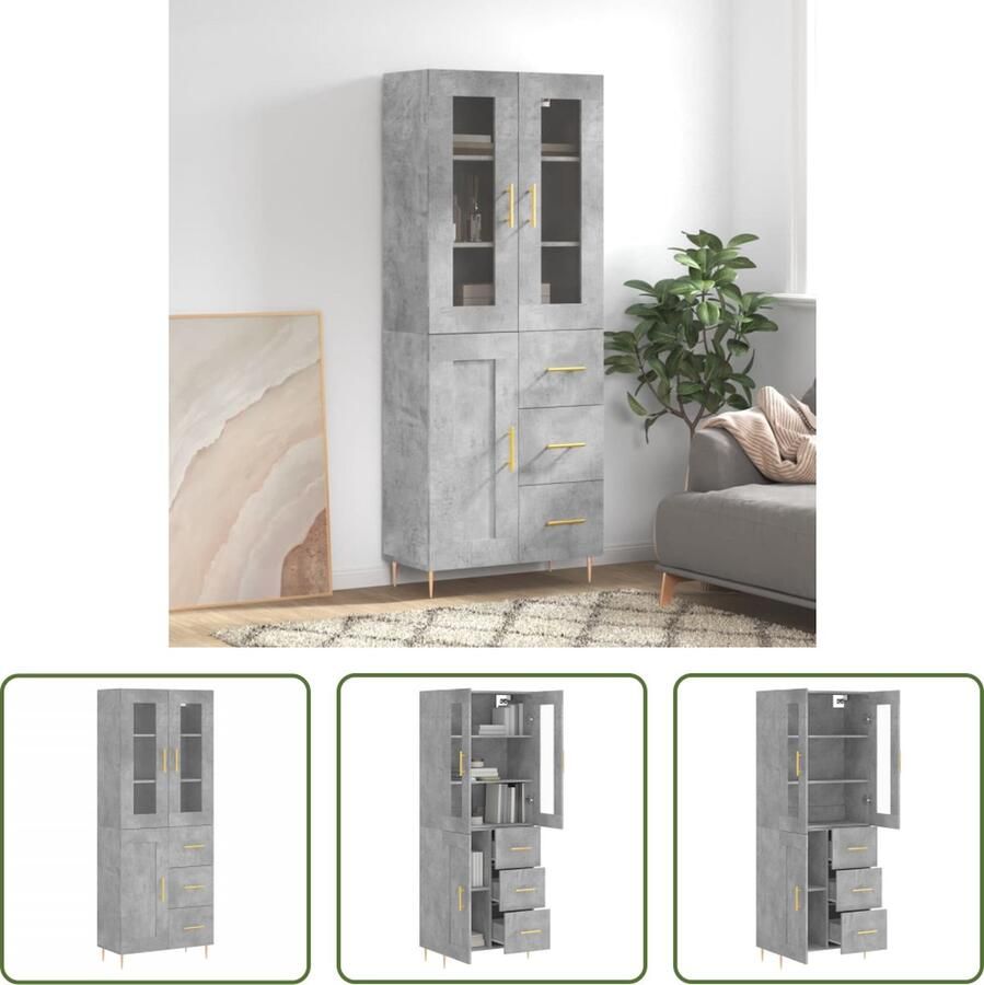 The Living Store Hoge Kast Betongrijs Dressoir en Opzetkast 69.5 x 34 x 180 cm Duurzaam Materiaal Voldoende Opbergruimte Praktische Deur Metalen Voeten