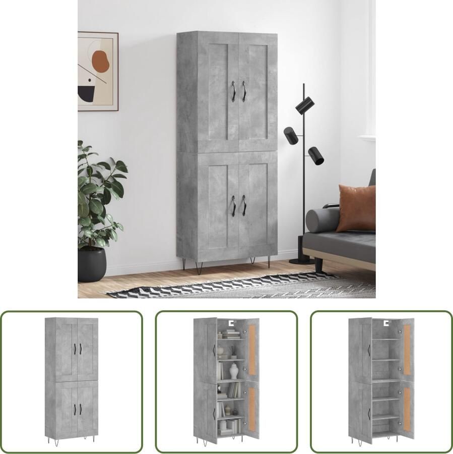 The Living Store Hoge Kast Betongrijs Dressoir en Opzetkast 69.5 x 34 x 180 cm Duurzaam materiaal Voldoende opbergruimte Praktische deuren IJzeren poten