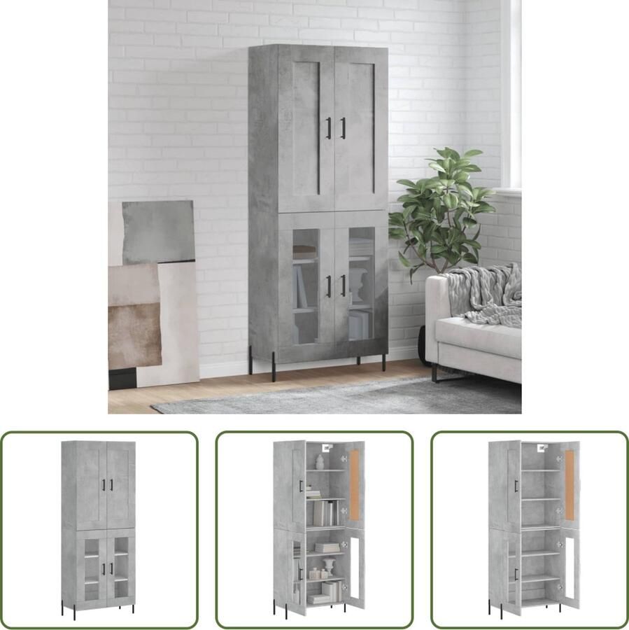 The Living Store Hoge Kast Betongrijs 69.5 x 34 x 180 cm Duurzaam materiaal voldoende opbergruimte praktische deuren Metalen voeten Montage vereist