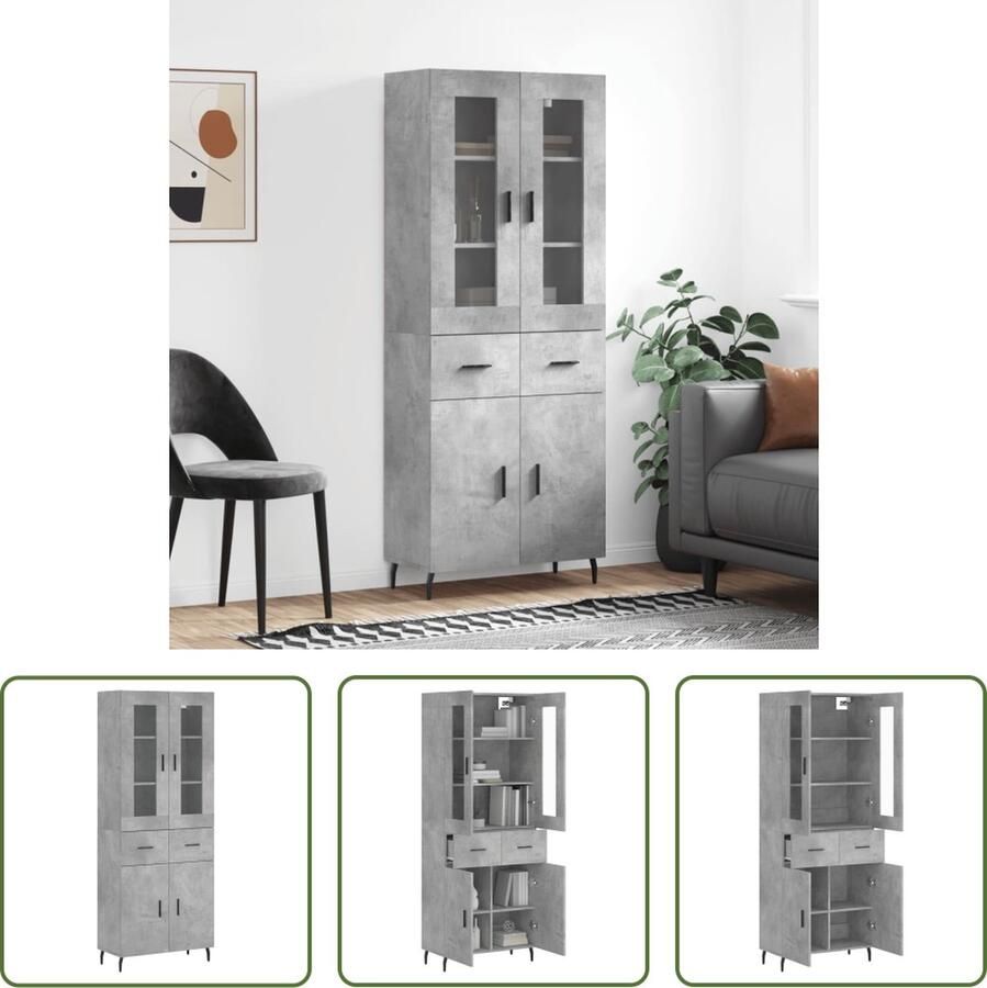 The Living Store Hoge Kast Betongrijs Dressoir Opzetkast 69.5 x 34 x 180 cm (B x D x H) Metalen Voeten