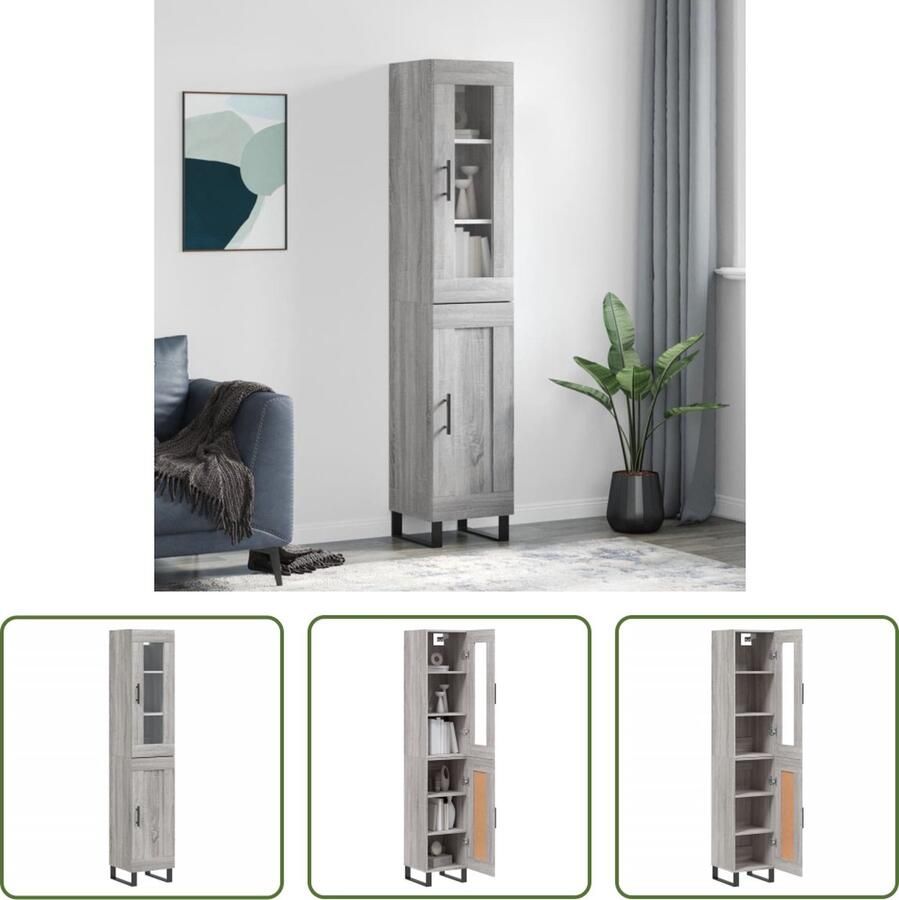 The Living Store Hoge kast 34 5x34x180 cm bewerkt hout grijs sonoma eikenkleurig Hoge Kast Dressoir Buffetkast Houten Kast Grijze Kast