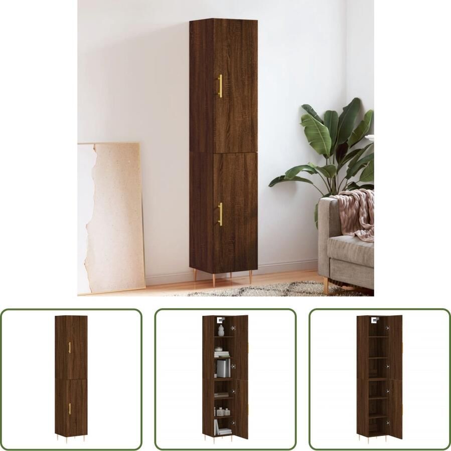 The Living Store Hoge kast 34 5x34x180 cm bewerkt hout bruin eikenkleur Hoge Kast Houten Kast Opbergkast Kast Bruine Eiken Dressoir - Foto 2