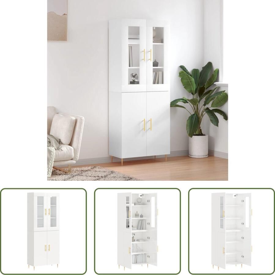 The Living Store Hoge kast 69 5x34x180 cm bewerkt hout hoogglans wit Hoge Kast Opslagoplossing Houten Kast Keukenkast Witte Kast - Foto 4