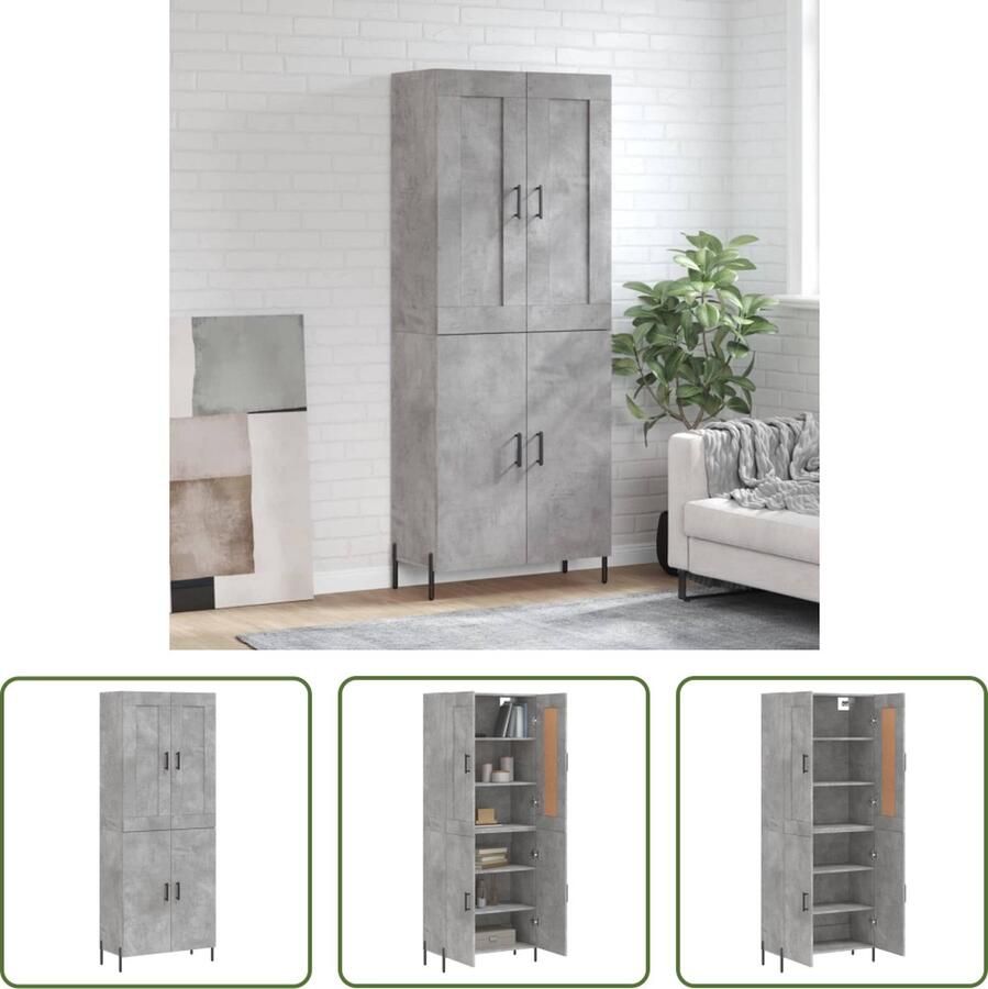 The Living Store Hoge kast 69 5x34x180 cm bewerkt hout betongrijs Hoge Kast Houten Kast Opbergkast Dressoir