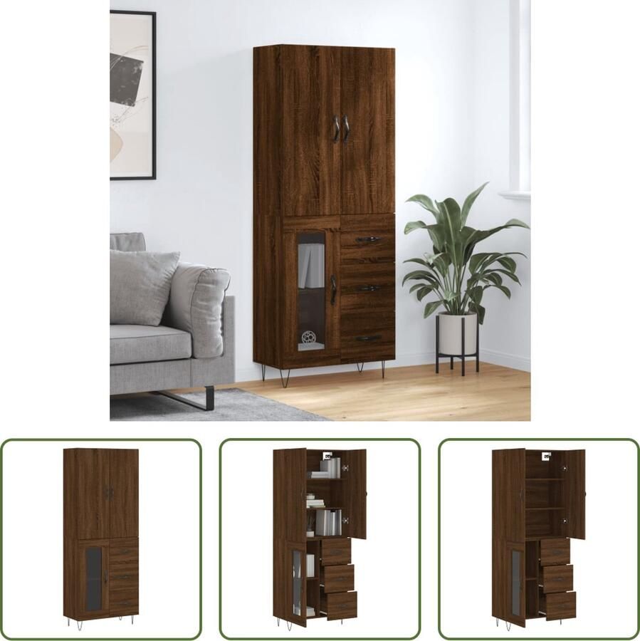 The Living Store Hoge kast 69 5x34x180 cm bewerkt hout bruin eikenkleur Hoge Kast Houten Kast Opbergkast Dressoir Buffetkast