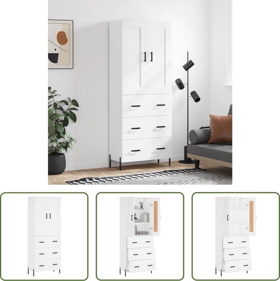 The Living Store Hoge kast 69 5x34x180 cm bewerkt hout wit Hoge Kast Houten Kast Witte Kast Opbergkast Woonkamermeubel - Foto 2