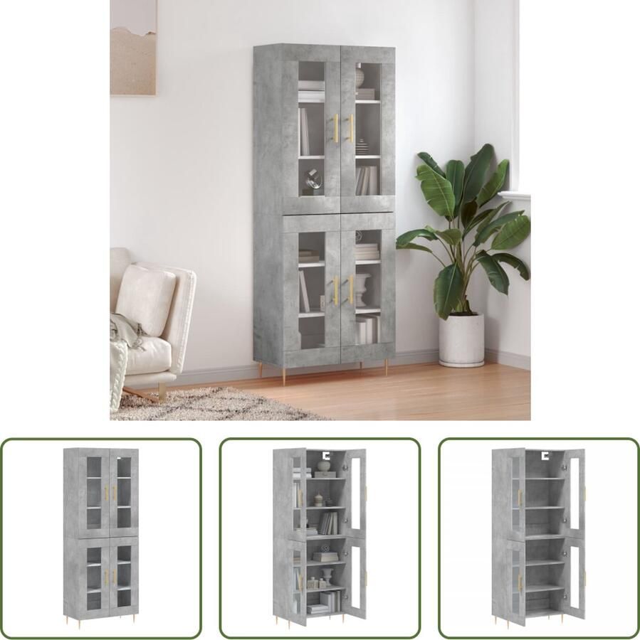The Living Store Hoge kast 69 5x34x180 cm bewerkt hout betongrijs Hoge Kast Dressoir Buffetkast Opbergkast Houten Kast