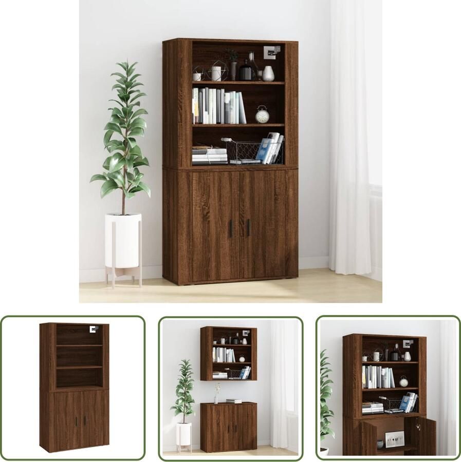 The Living Store Hoge kast bewerkt hout bruin eikenkleur Hoge Kast Buffetkast Wandmontage Houten Kast Bruine Eiken