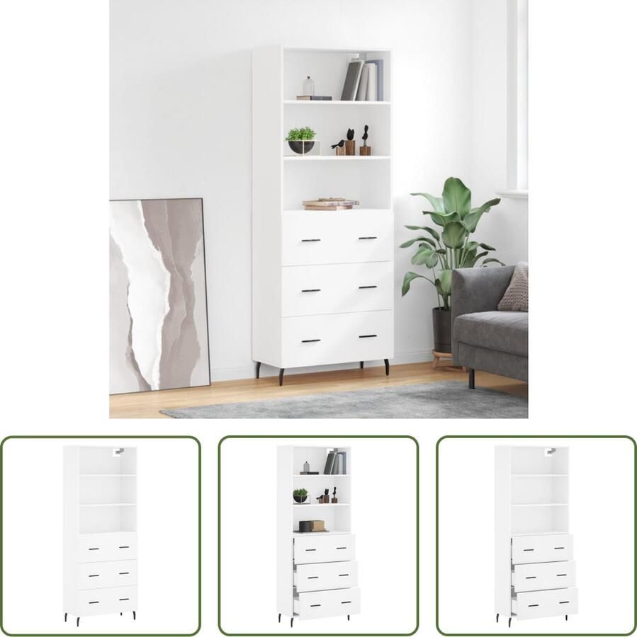 VidaXL Dressoir Hoge Kast Hoge kast 69 5x34x180 cm bewerkt hout wit Buffetkast Houten Kast Wit Meubel - Foto 2