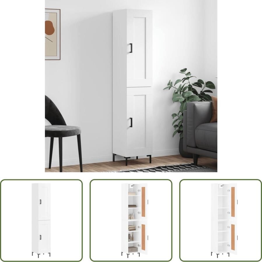 The Living Store Hoge kast 34 5x34x180 cm bewerkt hout hoogglans wit Hoge Kast Dressoir Buffetkast Opslagoplossing Keukenmeubel