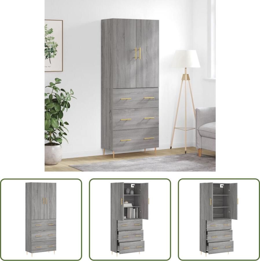 The Living Store Hoge kast 69 5x34x180 cm bewerkt hout grijs sonoma eikenkleurig Hoge Kast Dressoir Buffetkast Houten Kast Grijze Kast