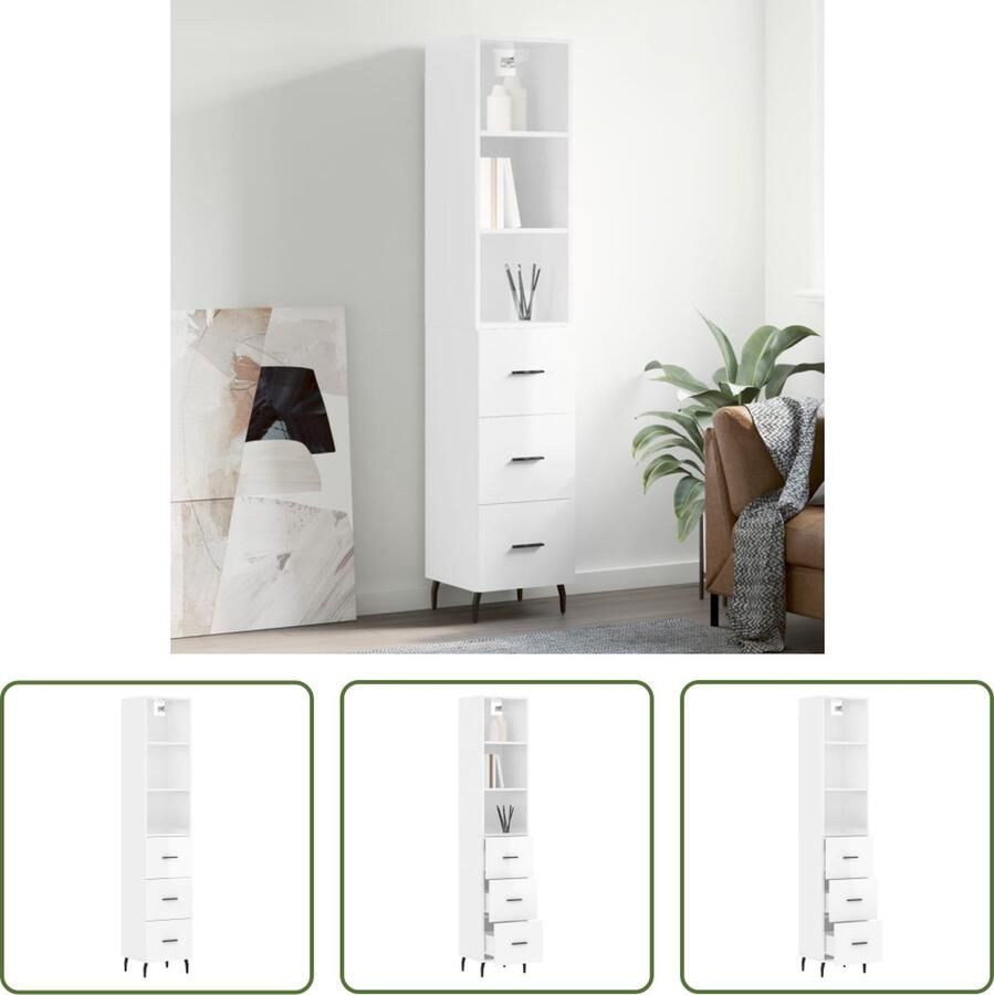 The Living Store Hoge kast 34 5x34x180 cm bewerkt hout hoogglans wit Hoge Kast Opslagruimte Keukenopslag Houten Kast - Foto 2