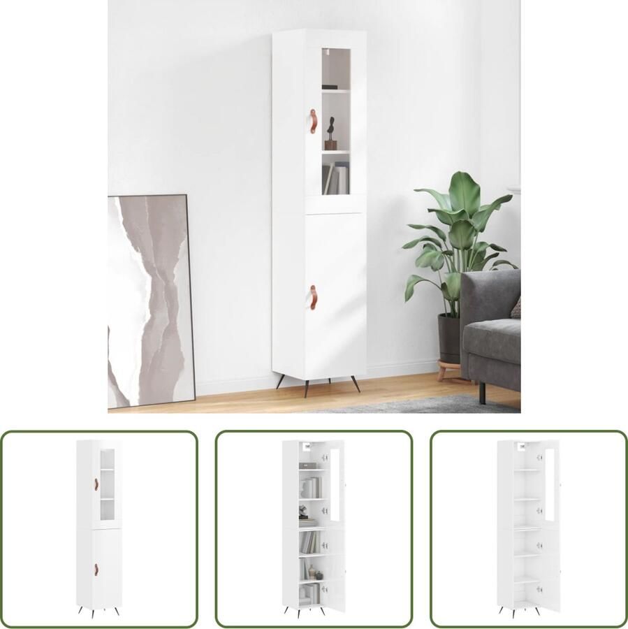 The Living Store Hoge kast 34 5x34x180 cm bewerkt hout hoogglans wit Hoge Kast Witte Kast Houten Kast Opslagoplossing Woonkamermeubel - Foto 4