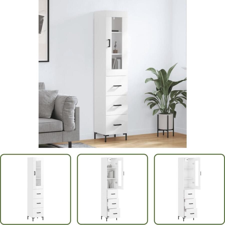 The Living Store Hoge kast 34 5x34x180 cm bewerkt hout hoogglans wit Hoge Kast Witte Kast Houten Kast Opslagoplossing Woonkamermeubel - Foto 5