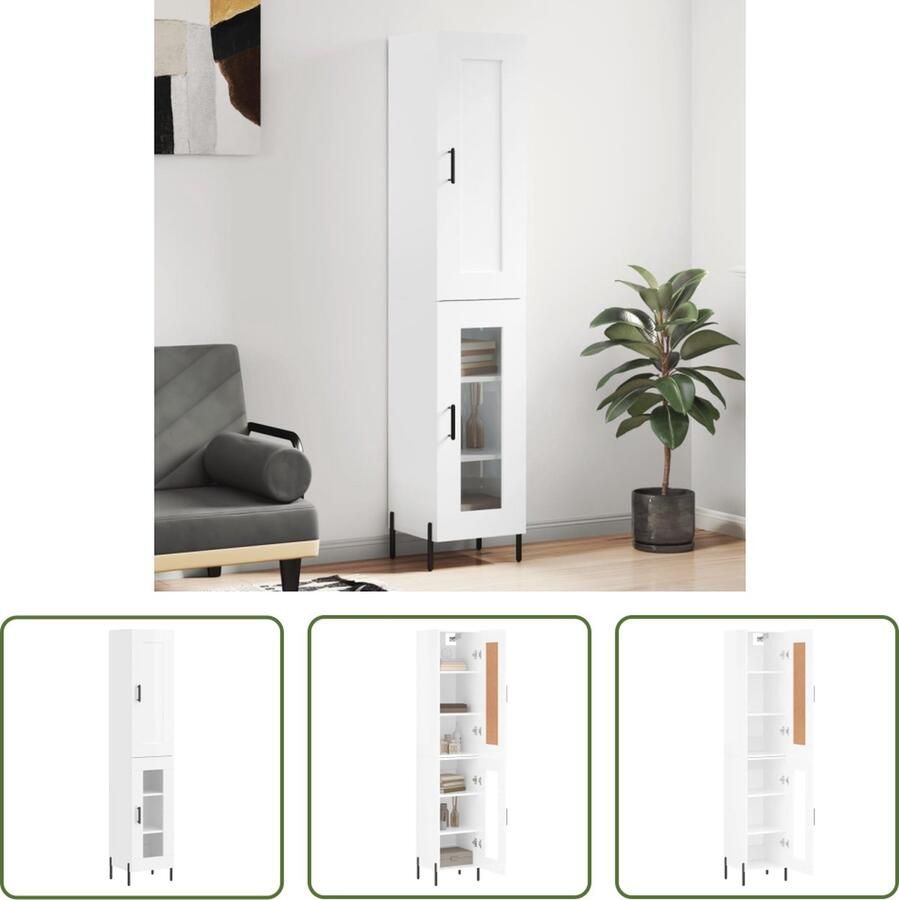 The Living Store Hoge kast 34 5x34x180 cm bewerkt hout hoogglans wit Hoge Kast Witte Kast Houten Kast Opslagoplossing Woonkamermeubel - Foto 7