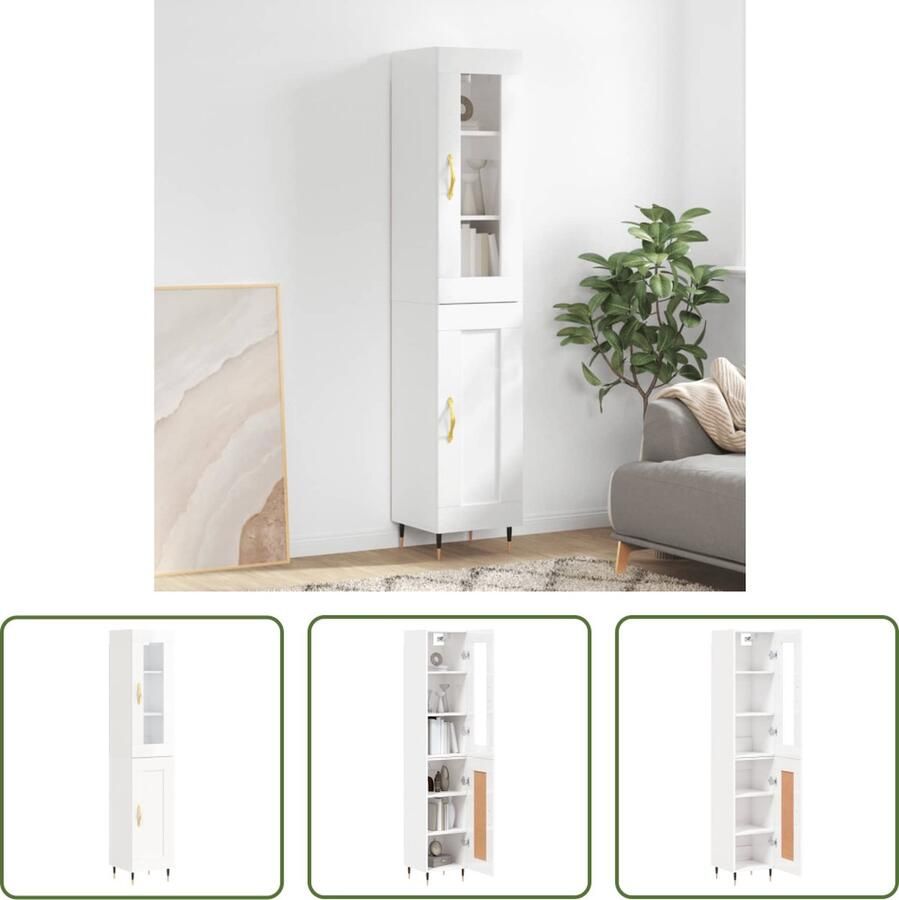 The Living Store Hoge Kast Bewerkt Hout Hoogglans Wit 34.5 x 34 x 180 cm Inclusief Dressoir en Opzetkast