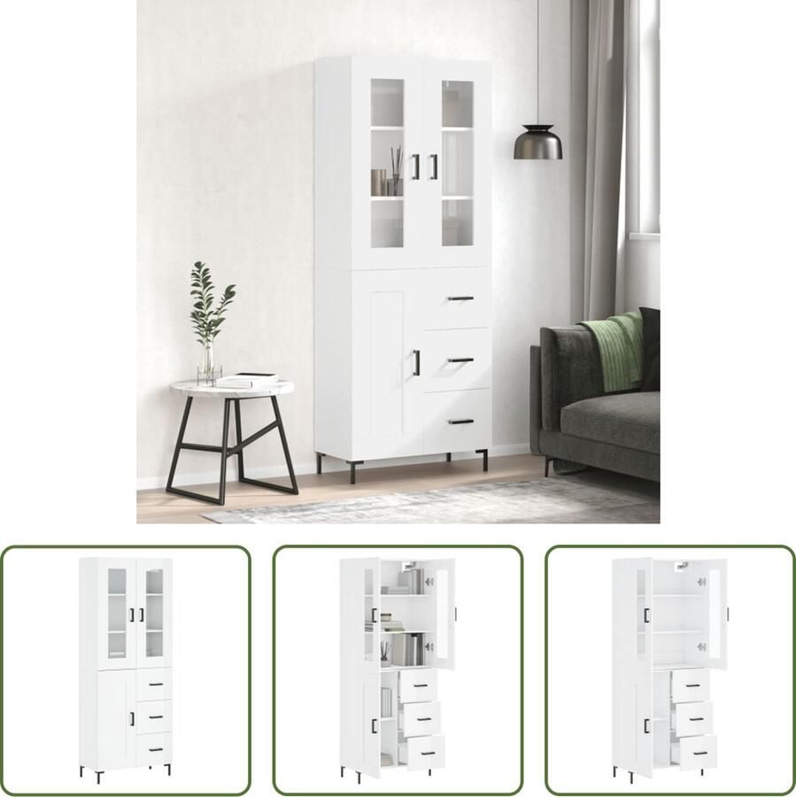 The Living Store Hoge kast 69 5x34x180 cm bewerkt hout hoogglans wit Hoge Kast Dressoir Buffetkast Opslagkast Houten Kast - Foto 2