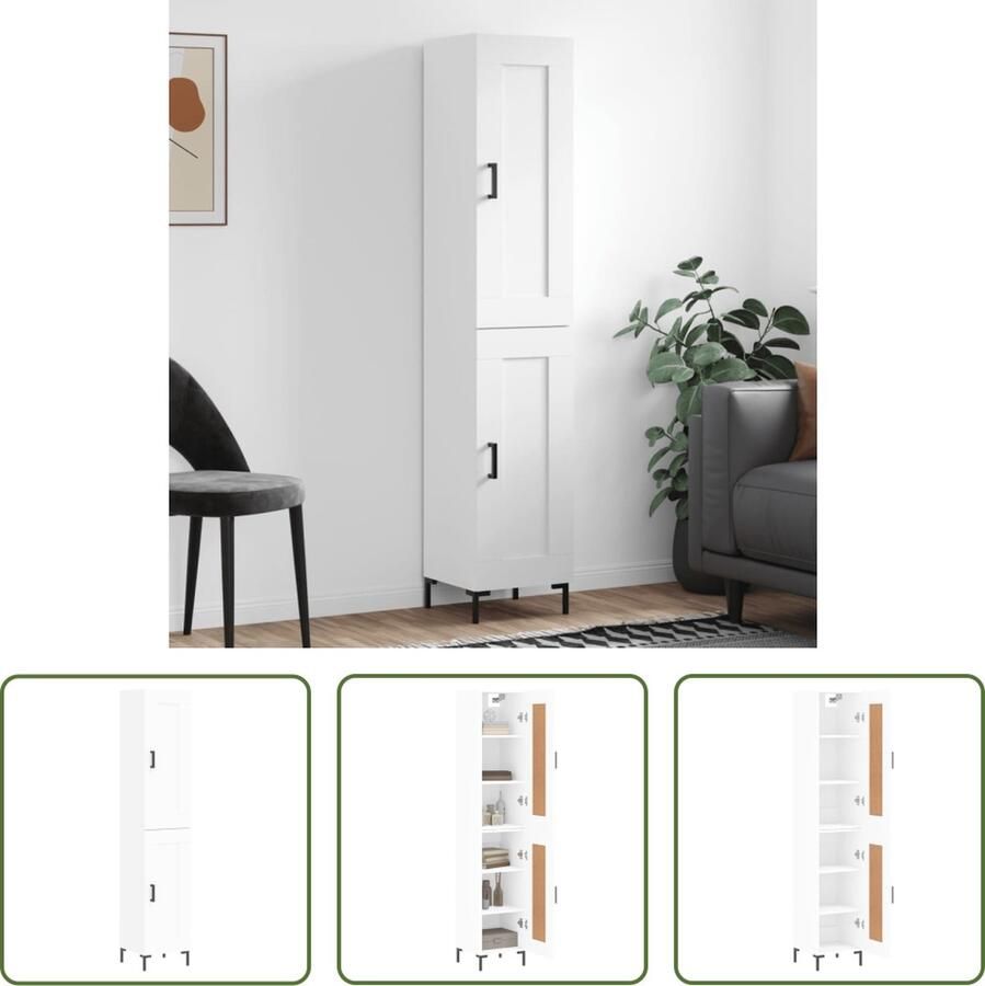 The Living Store Hoge kast 34 5x34x180 cm bewerkt hout wit Hoge Kast Houten Kast Witte Kast Opbergkast Woonkamer Decoratie - Foto 2