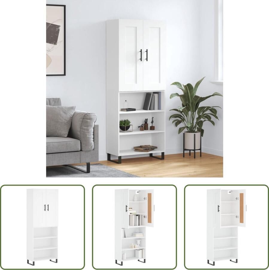 The Living Store Hoge kast 69 5x34x180 cm bewerkt hout wit Hoge Kast Dressoir Buffetkast Houten Kast