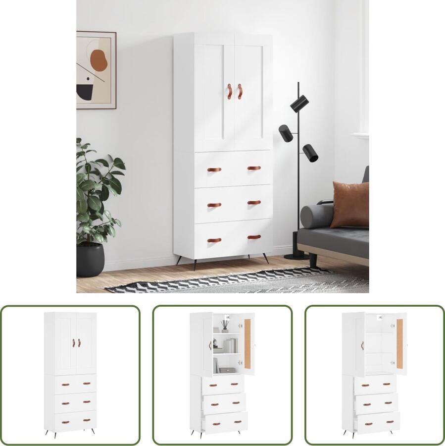 The Living Store Hoge Kast Bewerkt Hout Wit 69.5 x 34 x 180 cm Unieke charme voldoende opbergruimte praktische deuren metalen voeten Montage vereist 1 x Dressoir 1 x Opzetkast