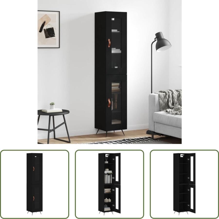 The Living Store Hoge kast zwart 34.5 x 34 x 180 cm Duurzaam materiaal Voldoende opbergruimte Praktische deur IJzeren poten Montage vereist
