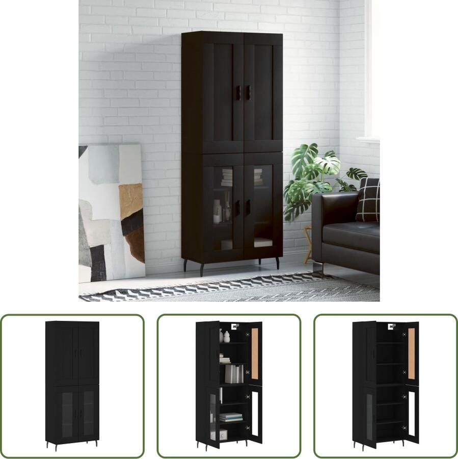 The Living Store Hoge kast 69 5x34x180 cm bewerkt hout zwart Hoge Kast Opbergkast Houten Kast Zwarte Kast - Foto 2