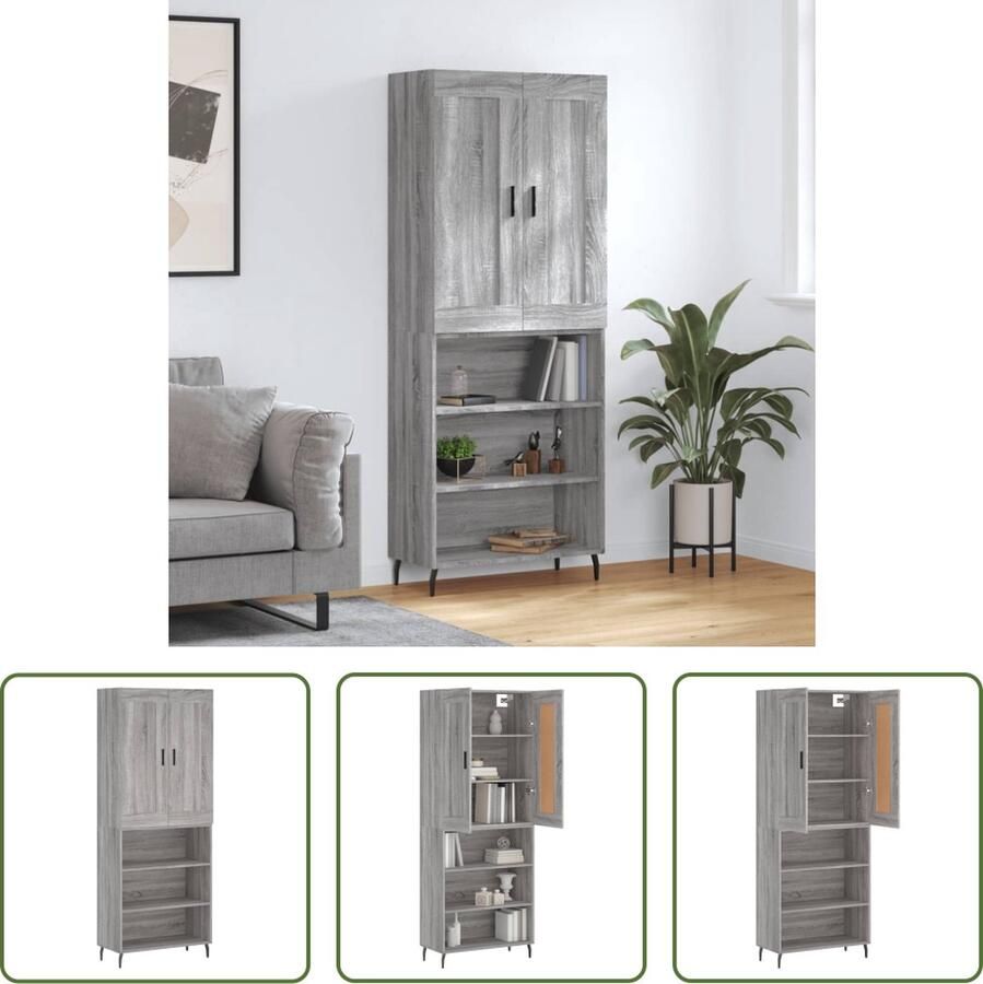 The Living Store Hoge kast 69 5x34x180 cm bewerkt hout grijs sonoma eikenkleurig Hoge Kast Boekenkast Opbergkast Grijze Kast Houten Kast