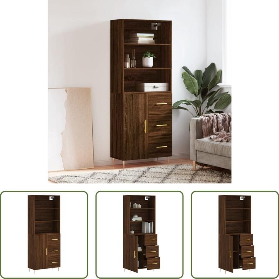 The Living Store Hoge kast Bruineiken 69.5 x 34 x 180 cm Duurzaam bewerkt hout en ijzer Praktische opbergruimte Inclusief dressoir en opzetkast
