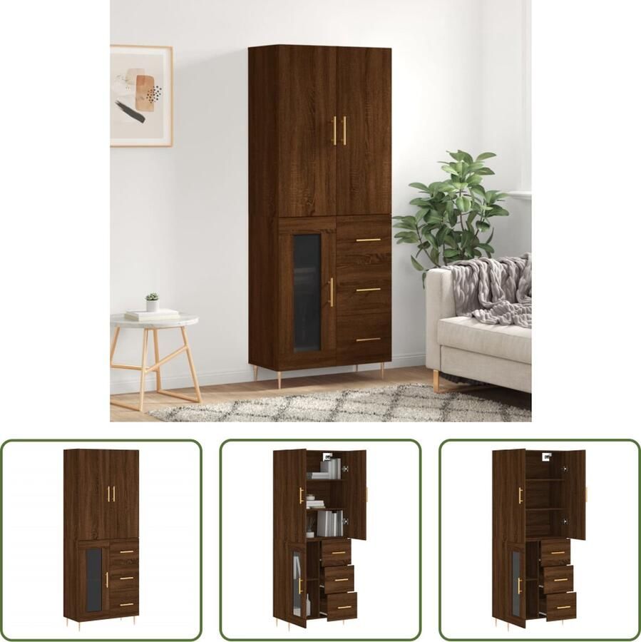 The Living Store Hoge Kast Bruineiken 69.5 x 34 x 180 cm Duurzaam materiaal Voldoende opbergruimte Praktische deuren Metalen voeten Montage vereist Inclusief 1 x dressoir en 1 x opzetkast