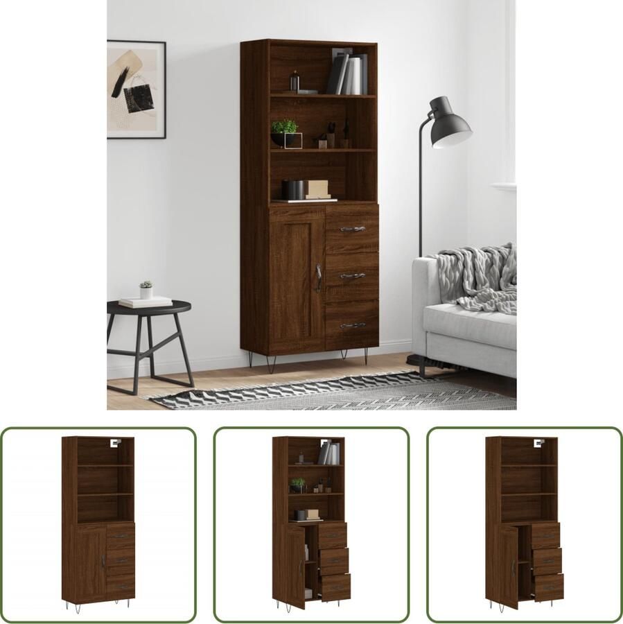 The Living Store Hoge kast 69 5x34x180 cm bewerkt hout bruin eikenkleur Hoge Kast Opbergkast Houten Kast Bruine Eiken Kast