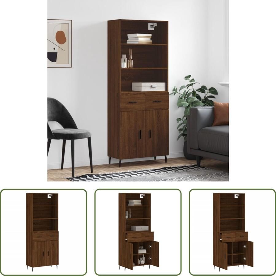 The Living Store Hoge Kast Bruineiken 69.5 x 34 x 180 cm Voldoende opbergruimte Praktische deuren met metalen voeten Montage vereist 1 x dressoir 1 x opzetkast