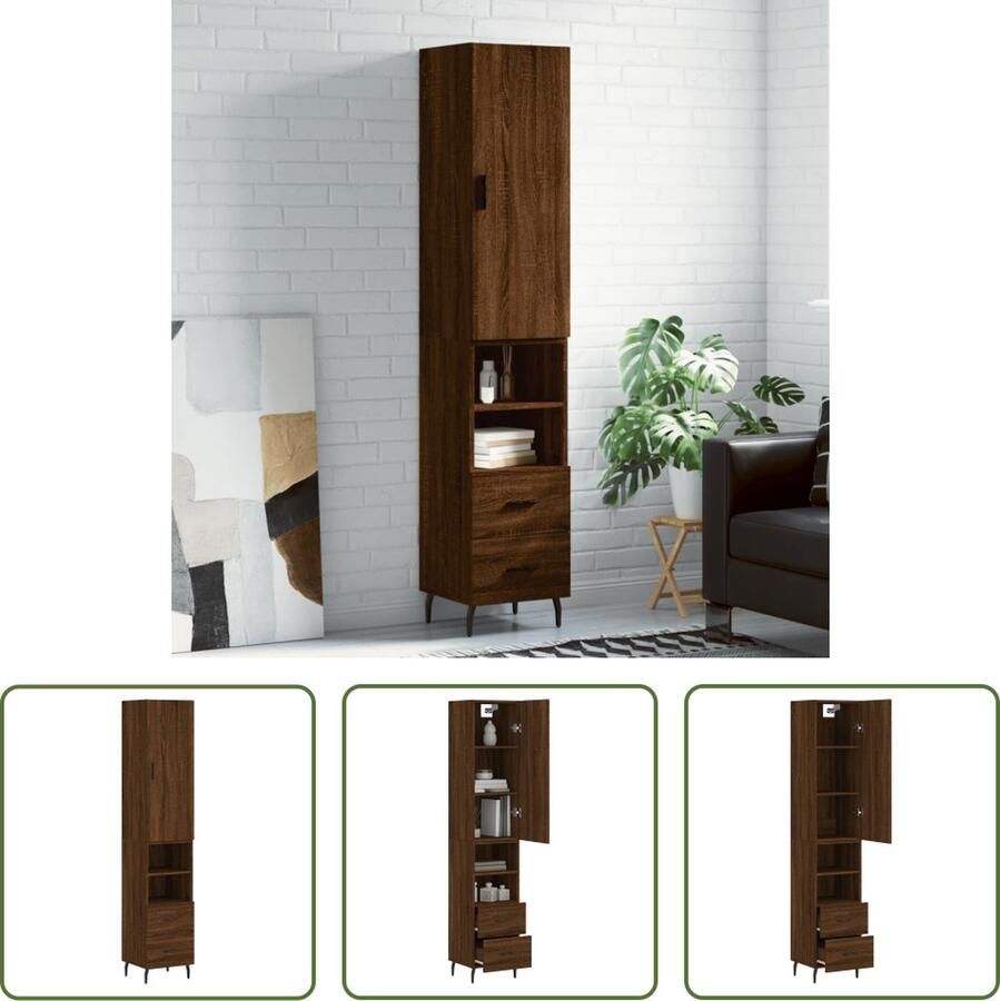 The Living Store Hoge kast 34 5x34x180 cm bewerkt hout bruin eikenkleur Hoge Kast Opbergkast Houten Kast Bruine Eiken Kast