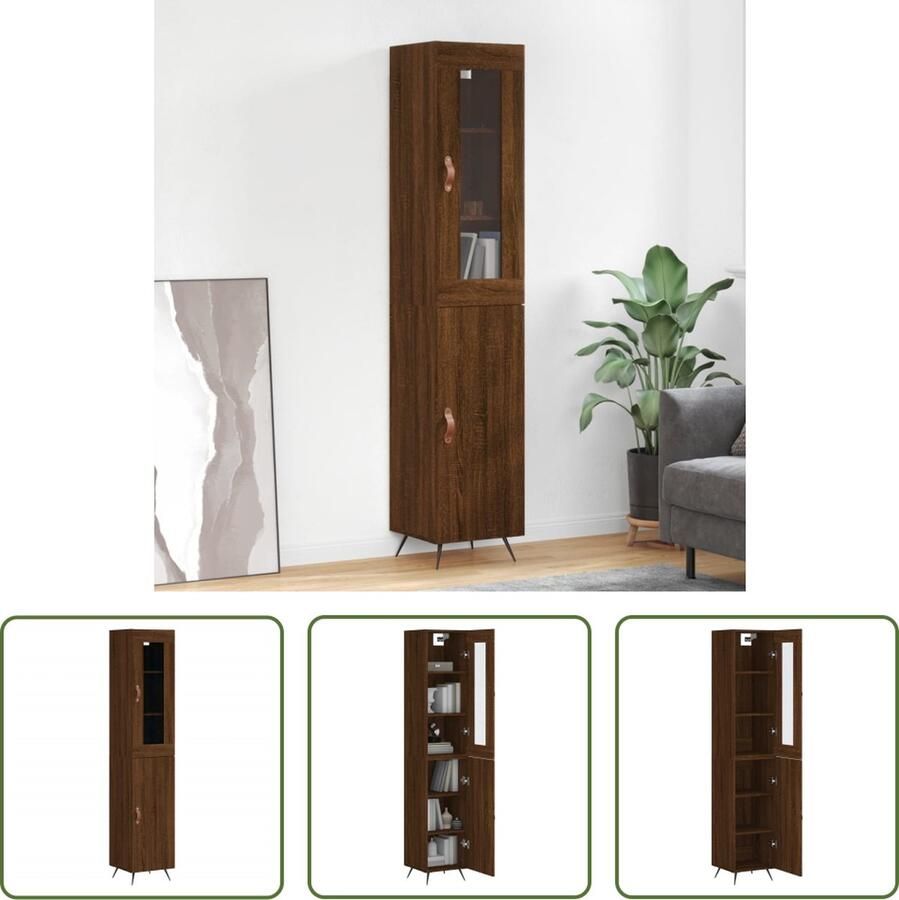 The Living Store Hoge kast 34 5x34x180 cm bewerkt hout bruin eikenkleur Hoge Kast Dressoir Opzetkast Houten Kast Bruine Eiken Kleur