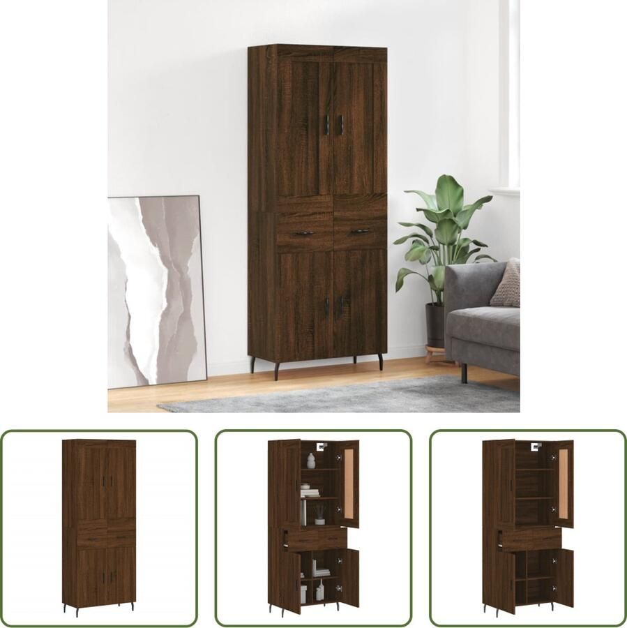 The Living Store Hoge Kast Bruineiken Dressoir en Opzetkast 69.5 x 34 x 180 cm Duurzaam hout metalen voeten