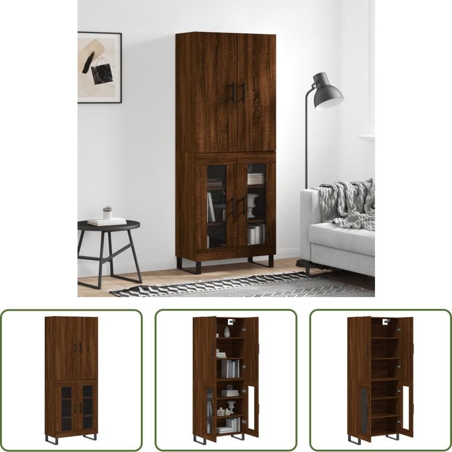 The Living Store Hoge Kast Bruineiken Dressoir en Opzetkast 69.5 x 34 x 180 cm Glasontwerp