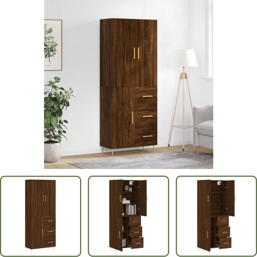 The Living Store Hoge Kast Bruineiken 69.5 x 34 x 180 cm Duurzaam hout Voldoende opbergruimte Metalen voeten - Foto 8