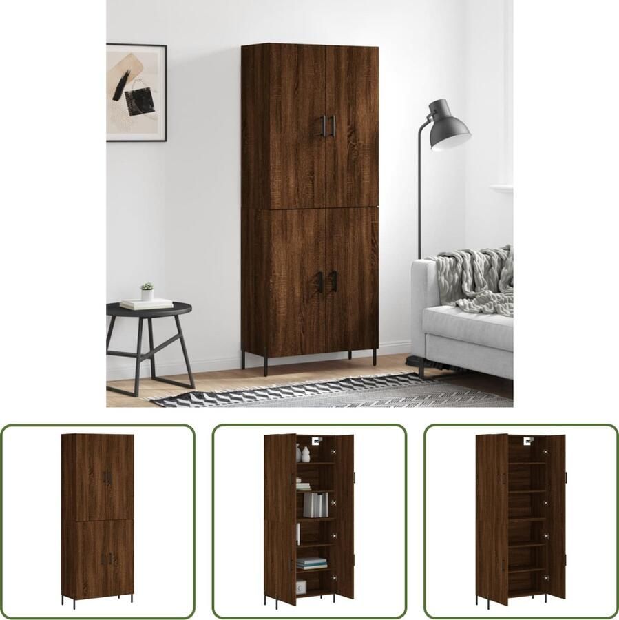 The Living Store hoge kast bruineiken dressoir en opzetkast 69.5 x 34 x 180 cm metalen voeten