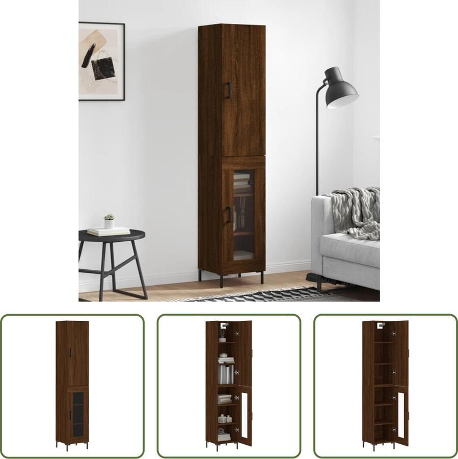 The Living Store Hoge kast 34 5x34x180 cm bewerkt hout bruin eikenkleur Hoge Kast Dressoir Opzetkast Houten Kast Bruine Eiken