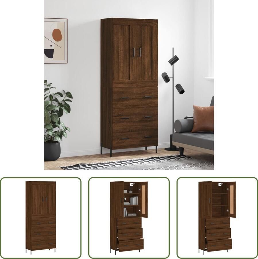 The Living Store Hoge kast 69 5x34x180 cm bewerkt hout bruin eikenkleur Hoge Kast Houten Kast Bruine Eiken Kast Opbergkast Dressoir - Foto 2