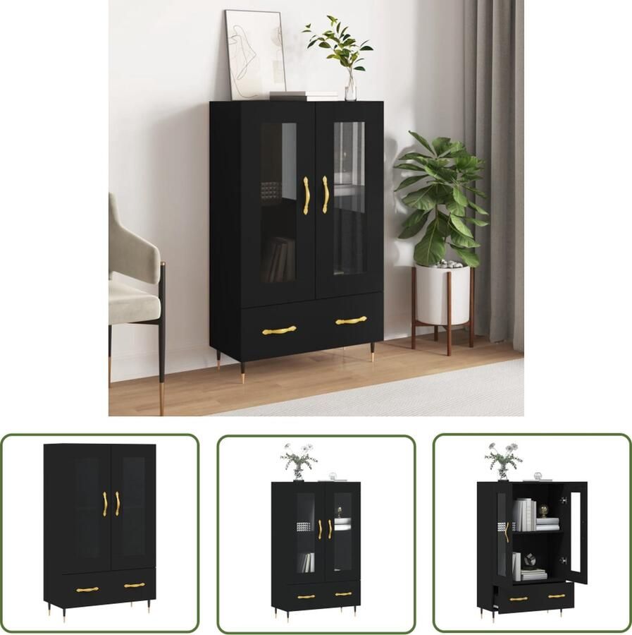 The Living Store Hoge kast 69 5x31x115 cm bewerkt hout zwart Hoge Kast Dressoir Buffetkast Zwarte Kast Houten Kast - Foto 3