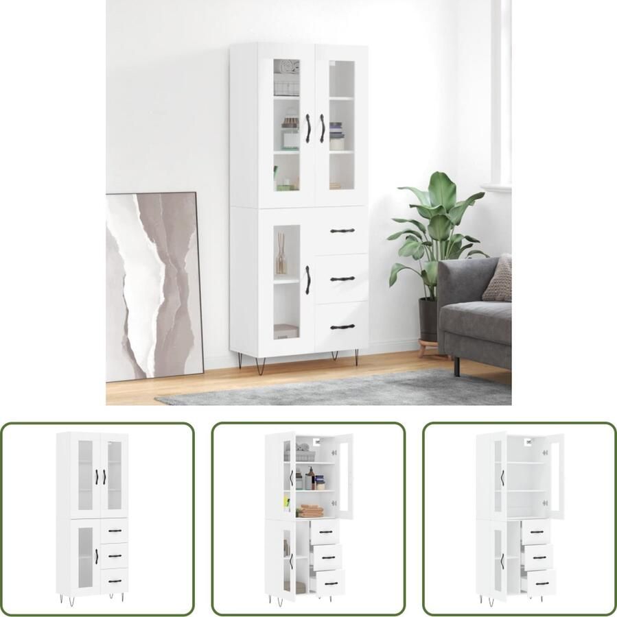 The Living Store Hoge Kast Buffetkast 69.5 x 34 x 180 cm Wit Bewerkt hout Metaal Glas