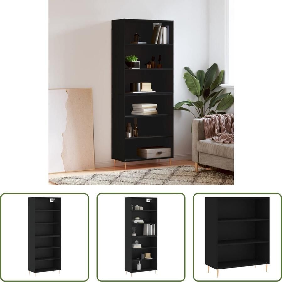 The Living Store Hoge kast 69 5x32 5x180 cm bewerkt hout zwart Hoge Kast Buffetkast Opslagruimte Houten Kast Zwarte Kast