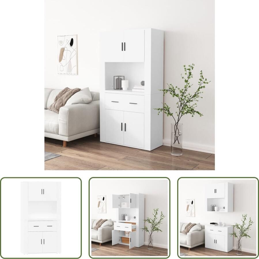 VidaXL Hoge kast bewerkt hout wit Witte Buffetkast Houten Buffetkast Design Buffetkast Opslagmeubilair Keukenopslag