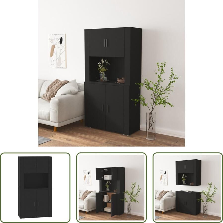 The Living Store Hoge kast bewerkt hout zwart Hoge Kast Buffetkast Houten Kast Zwarte Kast Opslagruimte - Foto 3