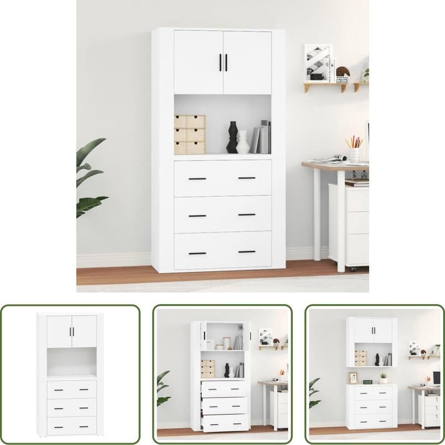 The Living Store Hoge kast bewerkt hout wit Hoge Kast Buffetkast Wandmontage Houten Kast Opslagruimte - Foto 2