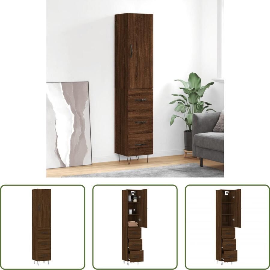 The Living Store Hoge kast 34 5x34x180 cm bewerkt hout bruin eikenkleur Hoge Kast Buffetcask Houten Kast Bruine Eiken Kleur Opbergkast