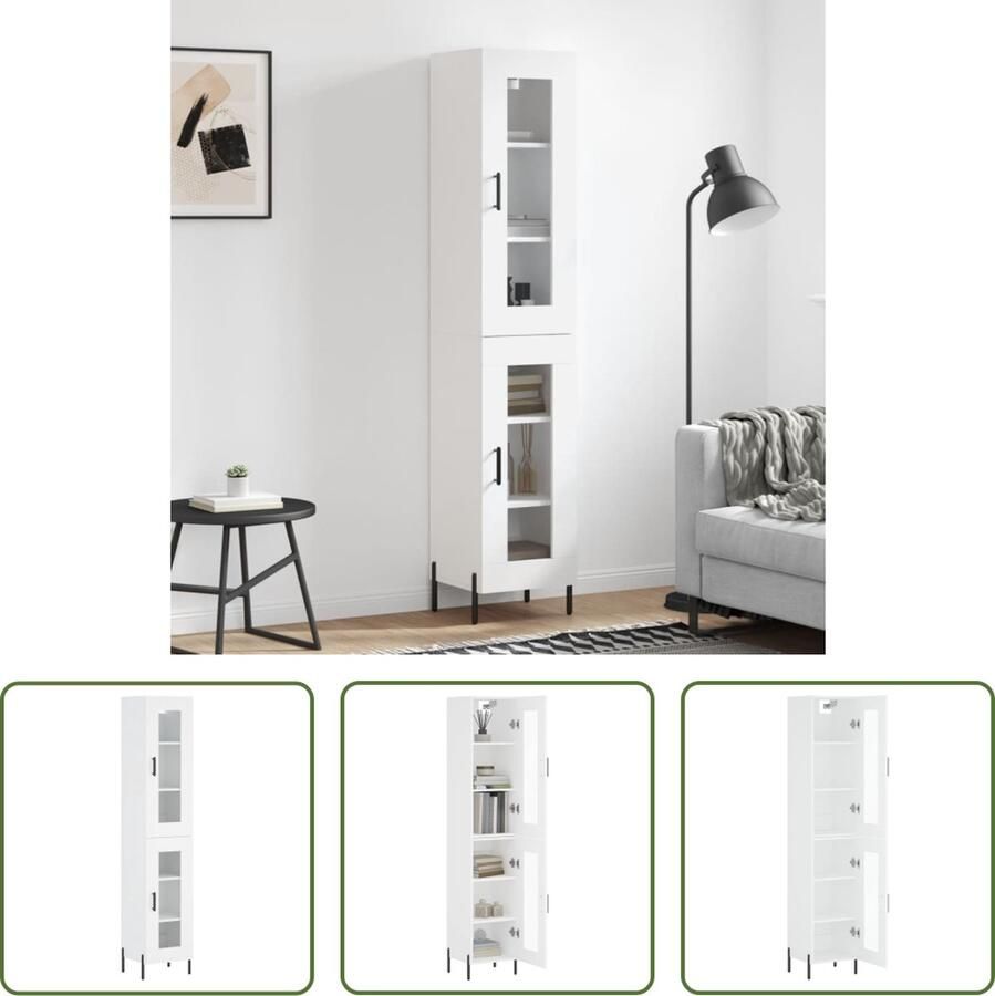 The Living Store Hoge kast 34 5x34x180 cm bewerkt hout wit Hoge Kast Dressoir Buffetkast Opbergkast Witte Kast - Foto 2